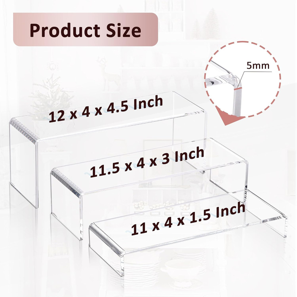 1 Set Large Acrylic Clear Display Risers, 3 Sizes 12" Rectangular Showcase Colle