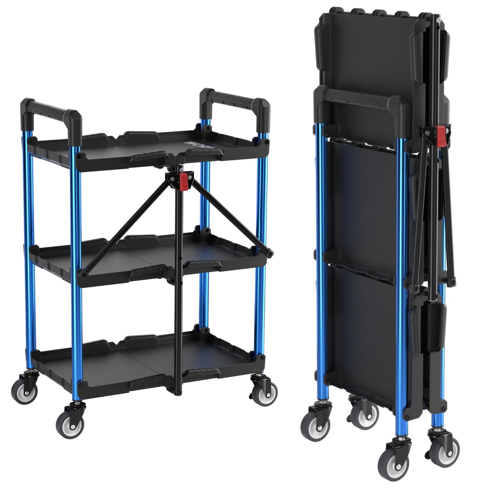 WORKPRO 3-Tier Collapsible Service Cart, 210 LBS Foldable with Wheels Aluminum