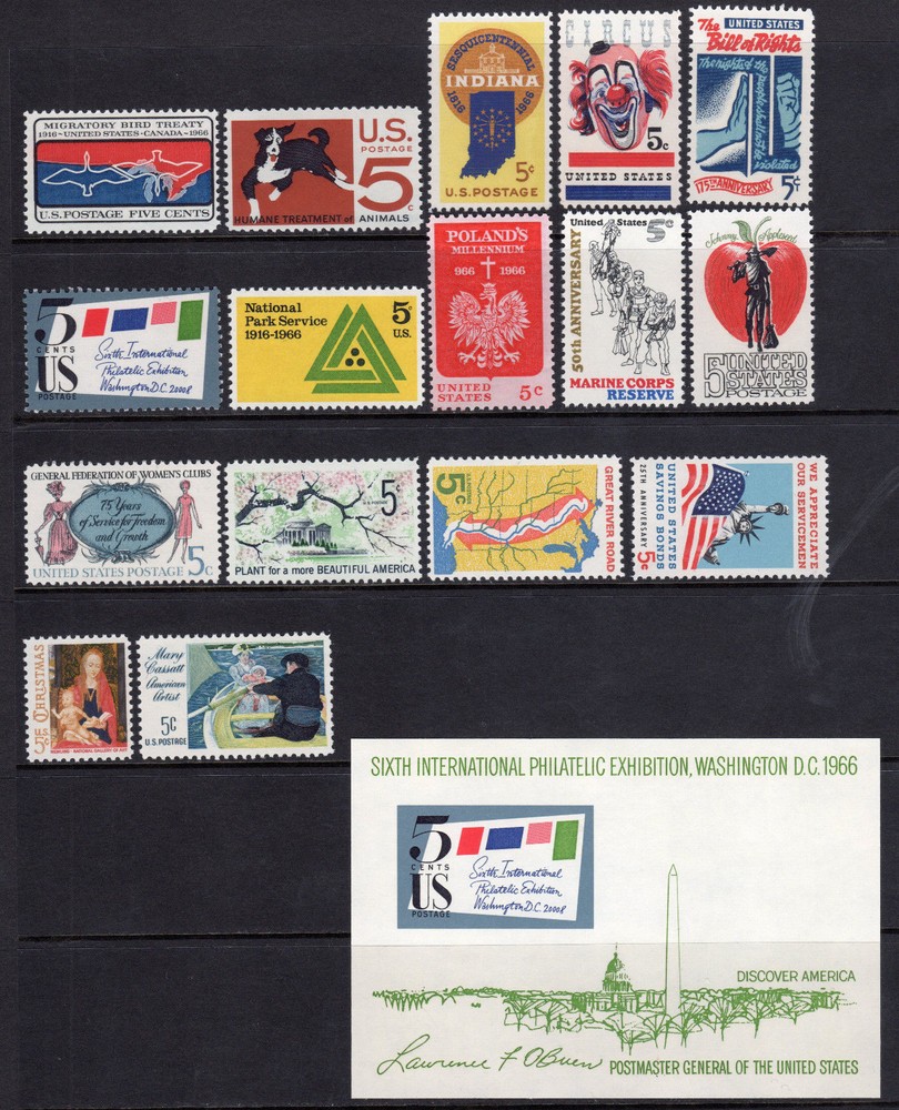 US, 1966 Full Year set, 16 stamps plus SS,  MNH
