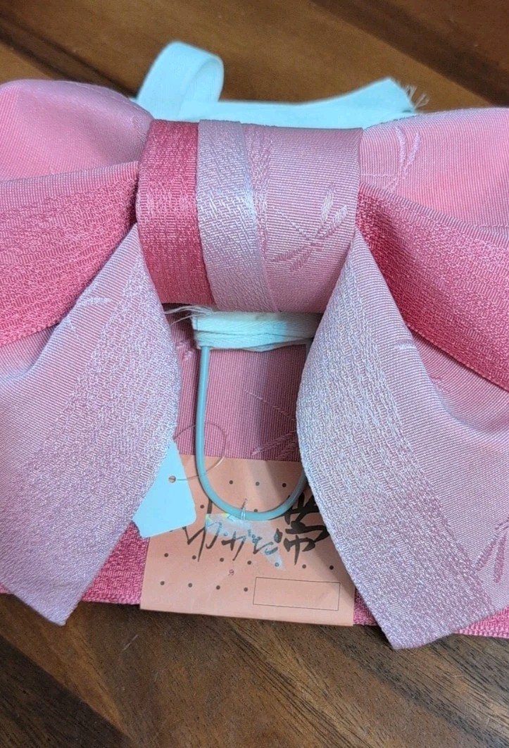 Japanese Pink Polyester 60"L Kimono Yukata Dragonfly Bow Obi Belt, Made in Japan
