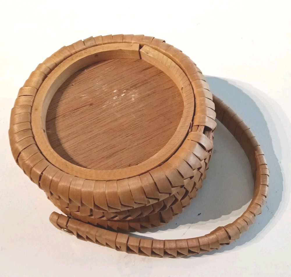 Small Vintage Bamboo Basket Triple Coils w/Handle Easter Round Boho