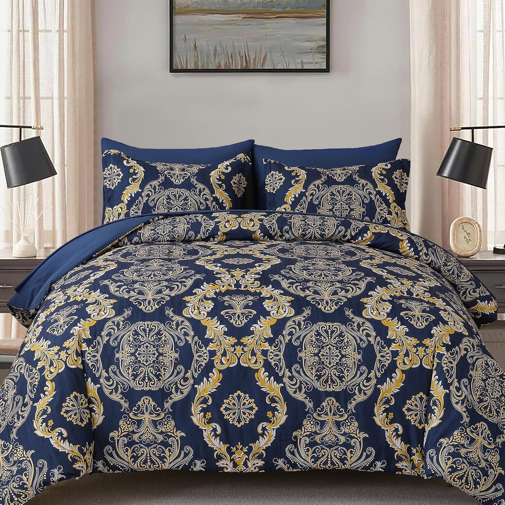 Blue Gold Comforter Set King Size, Damask Texture 7 Pieces Bed in a Bag Microfib