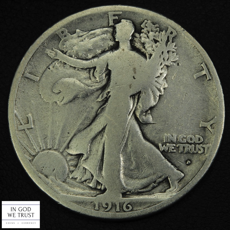 1916 D Walking Liberty Silver Half Dollar 50C - Cleaned