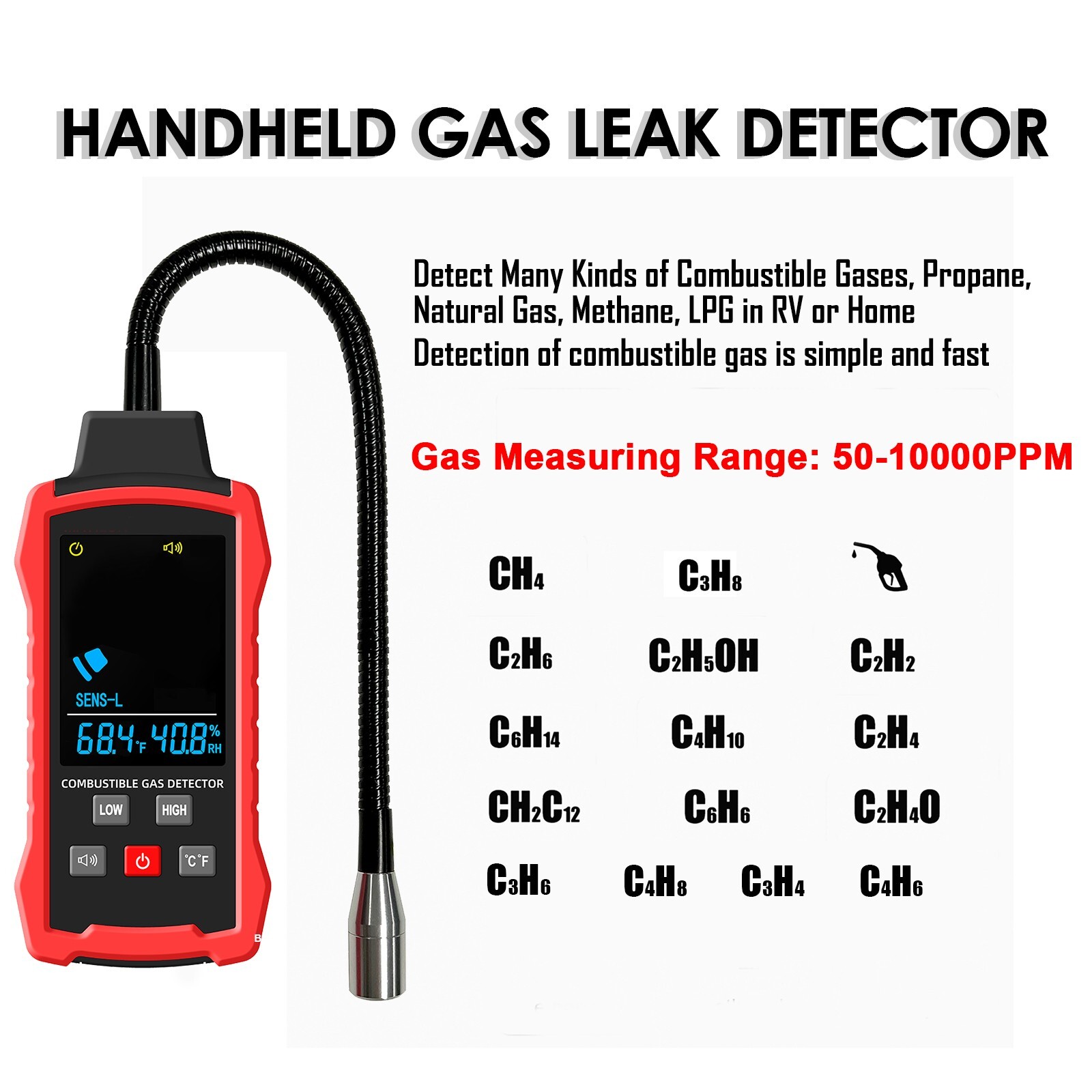 Natural Gas Detector, Combustible Gas Leak Detector with 11-Inch Probe