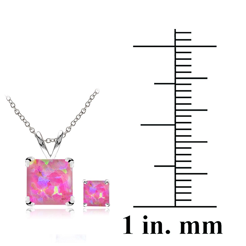 925 Silver 2ct Created Pink Opal Square Solitaire Pendant & Stud Earring Set