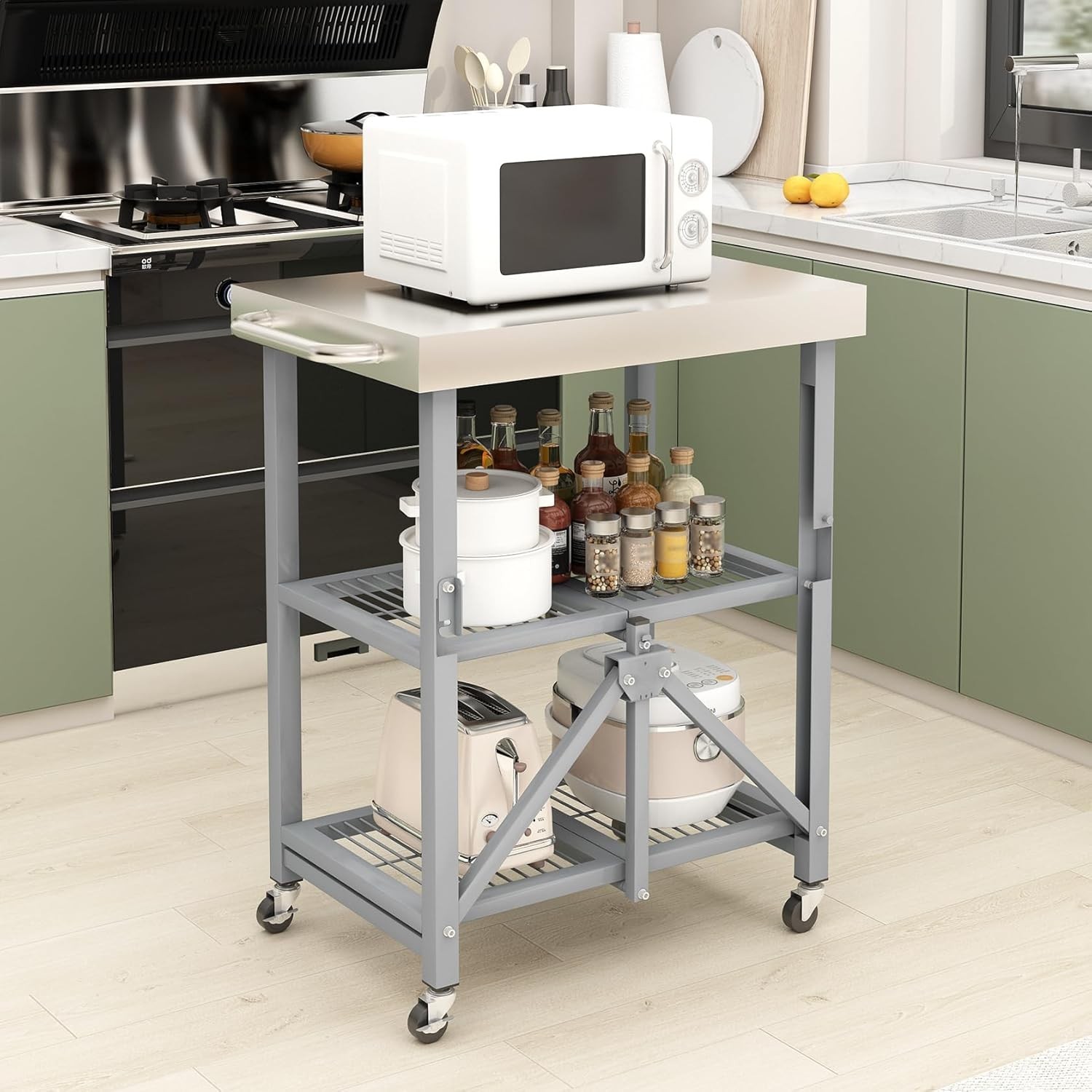 3-Tier Stainless Steel Rolling Utility Cart, 300 LBS Foldable Service Table