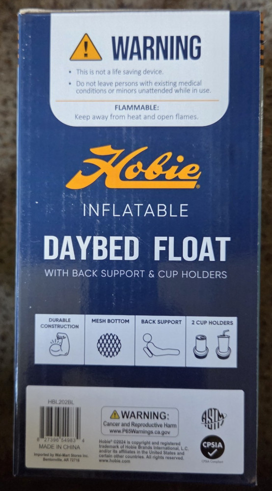 Hobie Inflatable Daybed Pool Float w/ Back Support & Cup Holders 72" Long {NEW}
