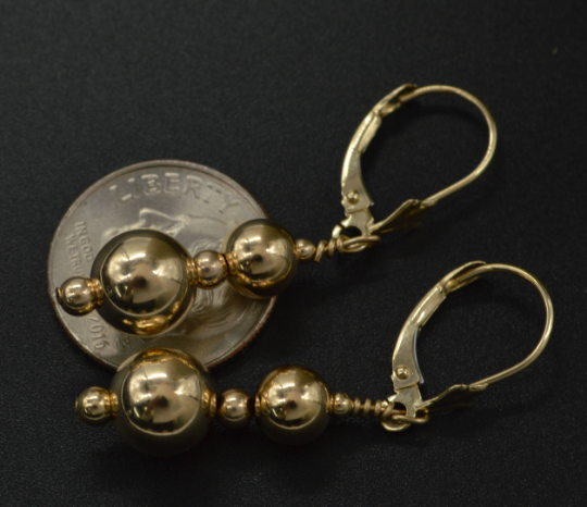 New 14K Solid Yellow Gold Round 8mm Leverback Bead Dangle Earrings