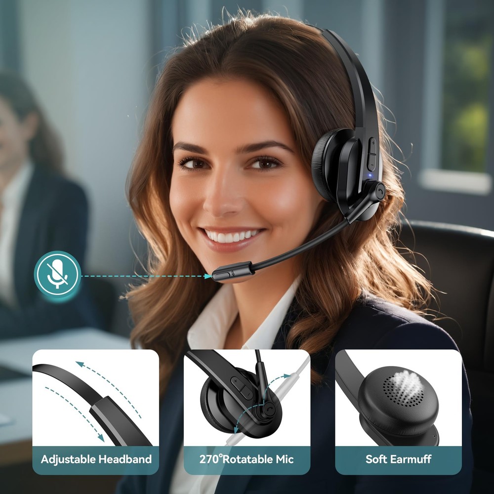 Bluetooth Headset with USB Dongle for Computer, Single-Ear Wireless Headset w...