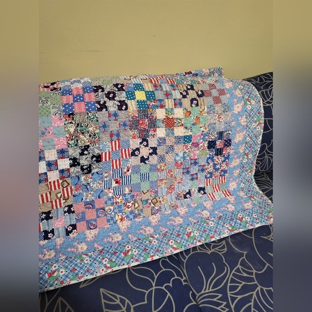 Vintage Postage Stamp Patch Quilt with Floral Backing