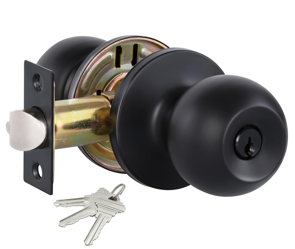 Lanwandeng Matte Black Door Knobs with Lock and Keys, 1 Pack, Entry Keys