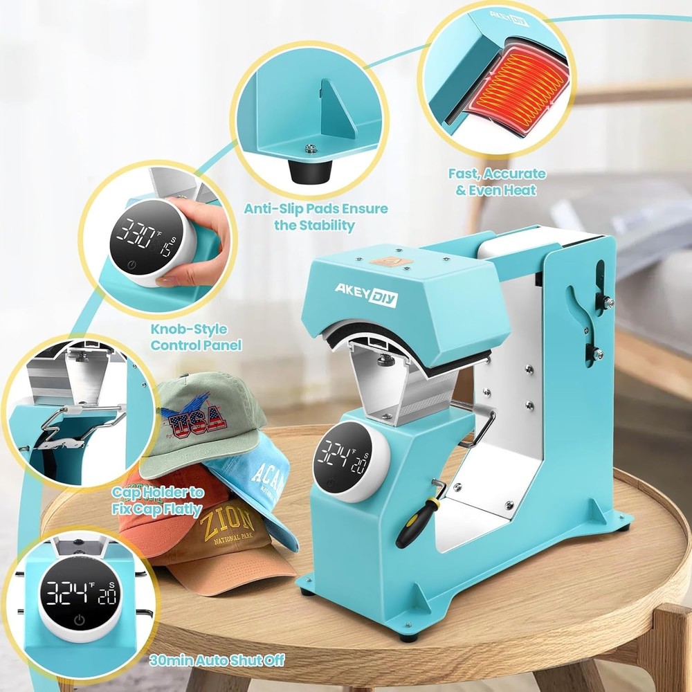 Famous Cap Heat Press Machine, Hat Heat Press with 3pcs Replaceable Heating USA