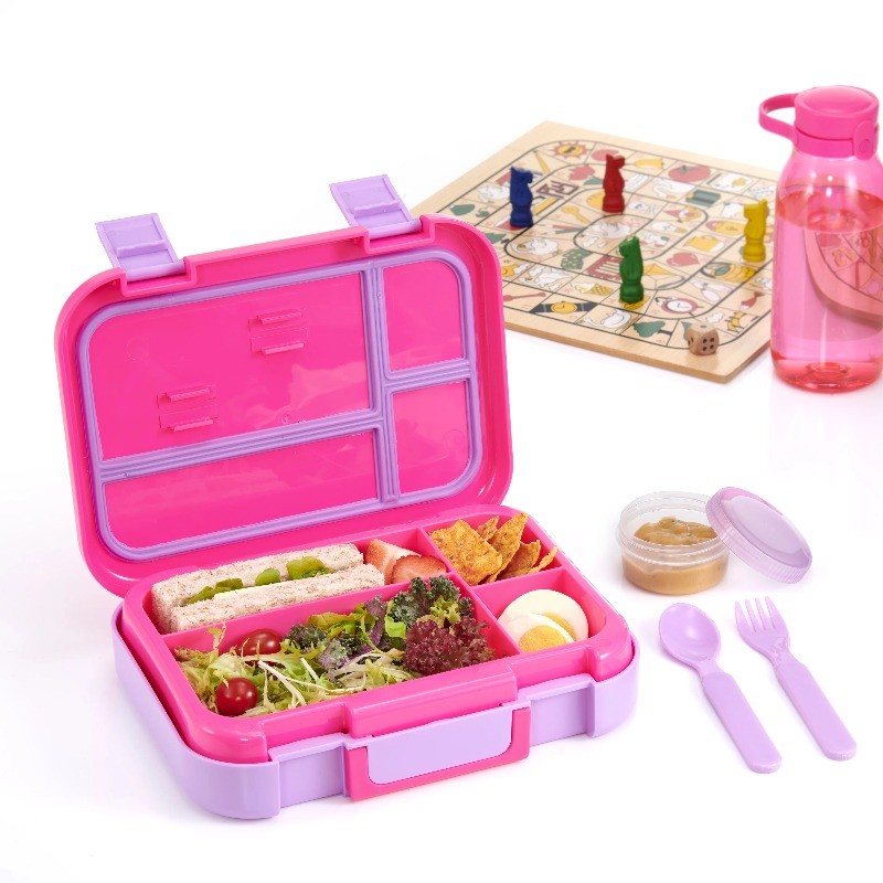 Pink Plastic Bento Box with 4 Compartments Includes Fork Spoon and Dressing