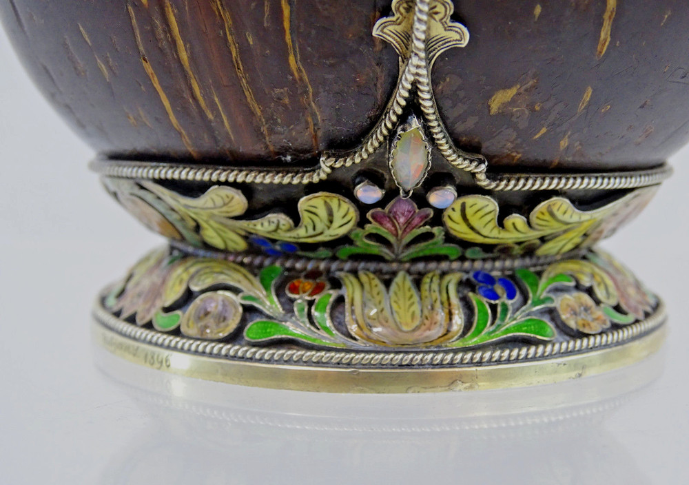 Hibjan Samu AUSTRIA HUNGARY BOX COCONUT SILVER ENAMEL DIAMOND EMERALD RUBY 1896
