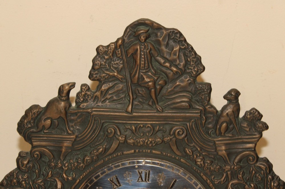 German Black Forest wall clock, Repousse Bronze Hunting Weights Pendulum