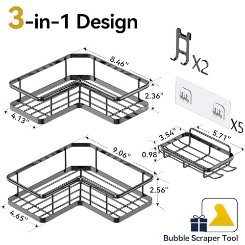 Shower Caddy Corner, 3-Pack Adhesive Rustproof Stainless Steel 3Pack Black