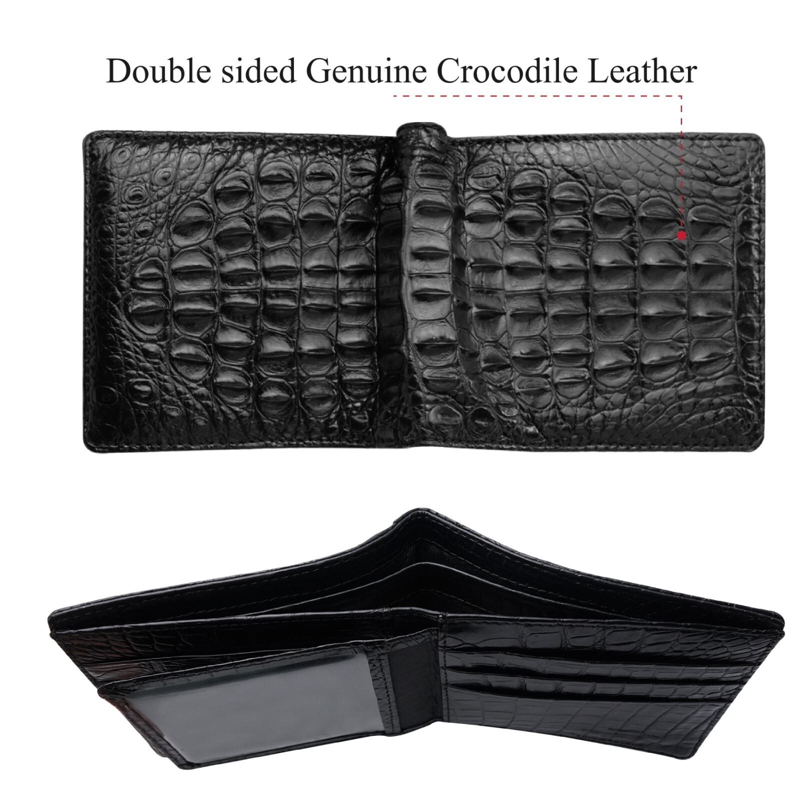 Double Sided Crocodile Black Bifold Leather Wallet Men's Skin Billfold Wallet