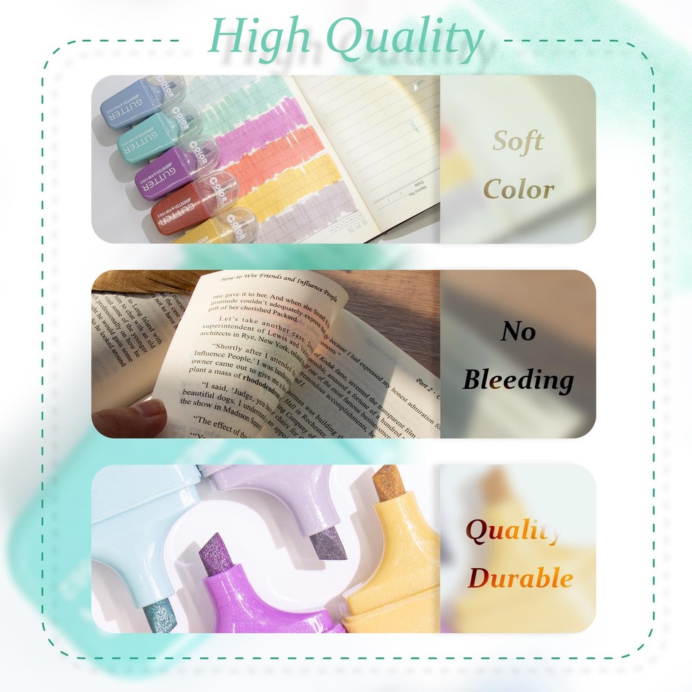 8 Pcs Glitter Highlighters Mini Marker Chisel Tip No Bleed Silver Supplies