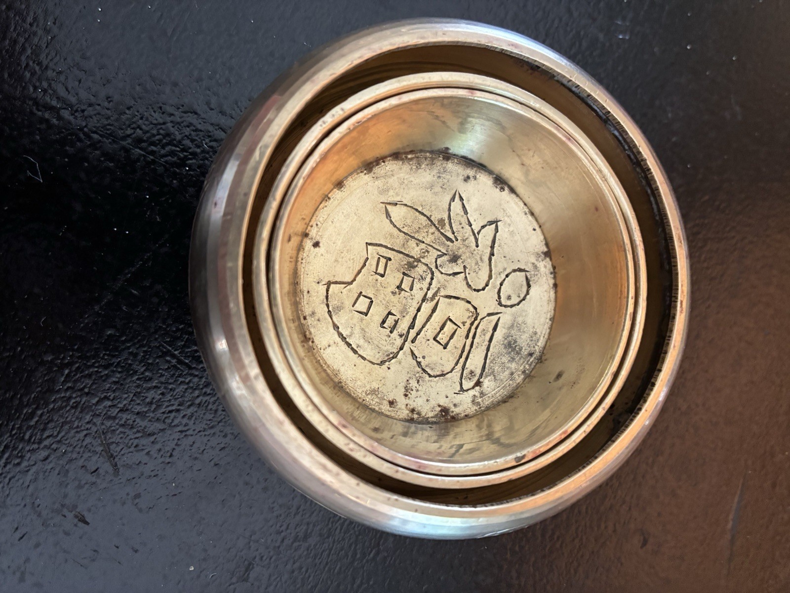 3 Vintage Chinese Bronze Mini Nesting Dishes / Detailed Dragon Etched Motif