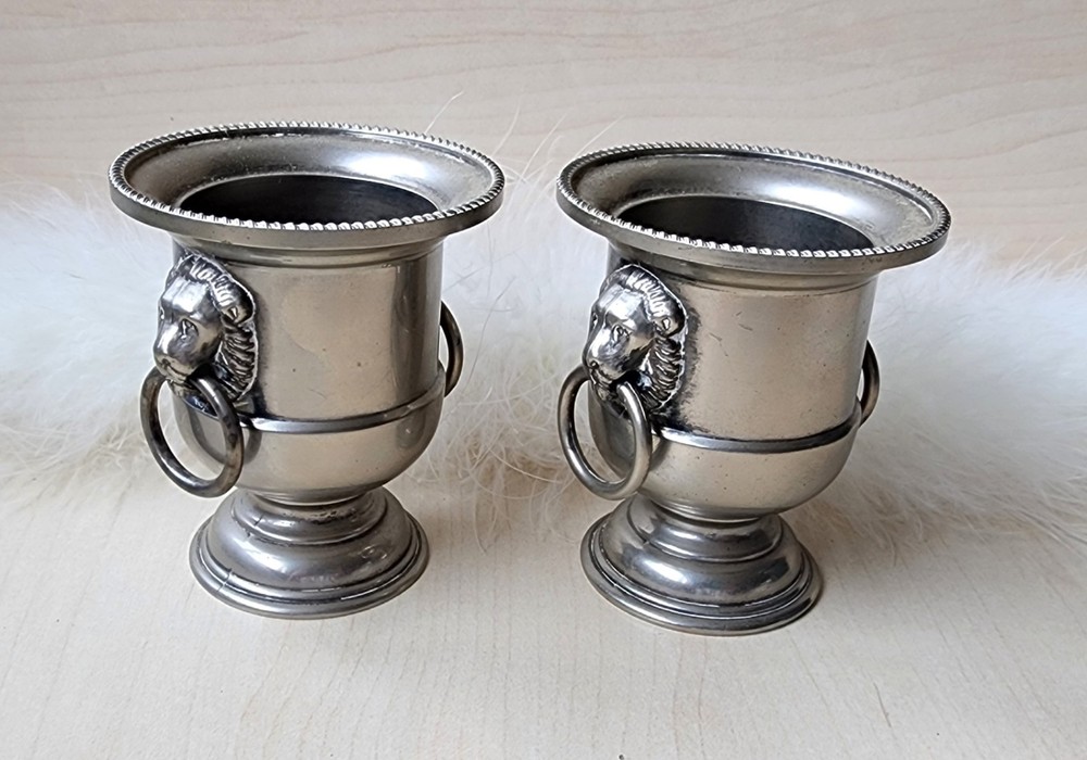 🌿 Pair Of Vintage EALES 1776 Lion's Head Metal Pot Silverplate 3" bucket Urns