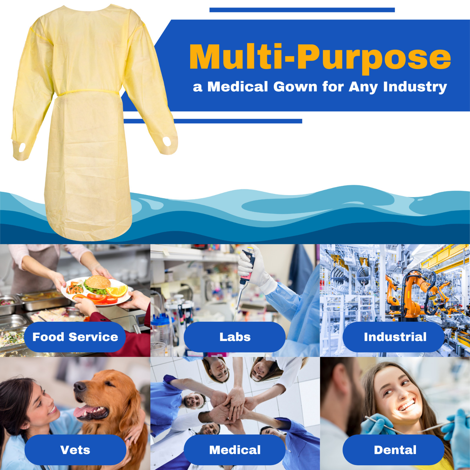 10 Pack Level 2 Disposable Medical Gown Yellow Isolation Gown Hospital Dental