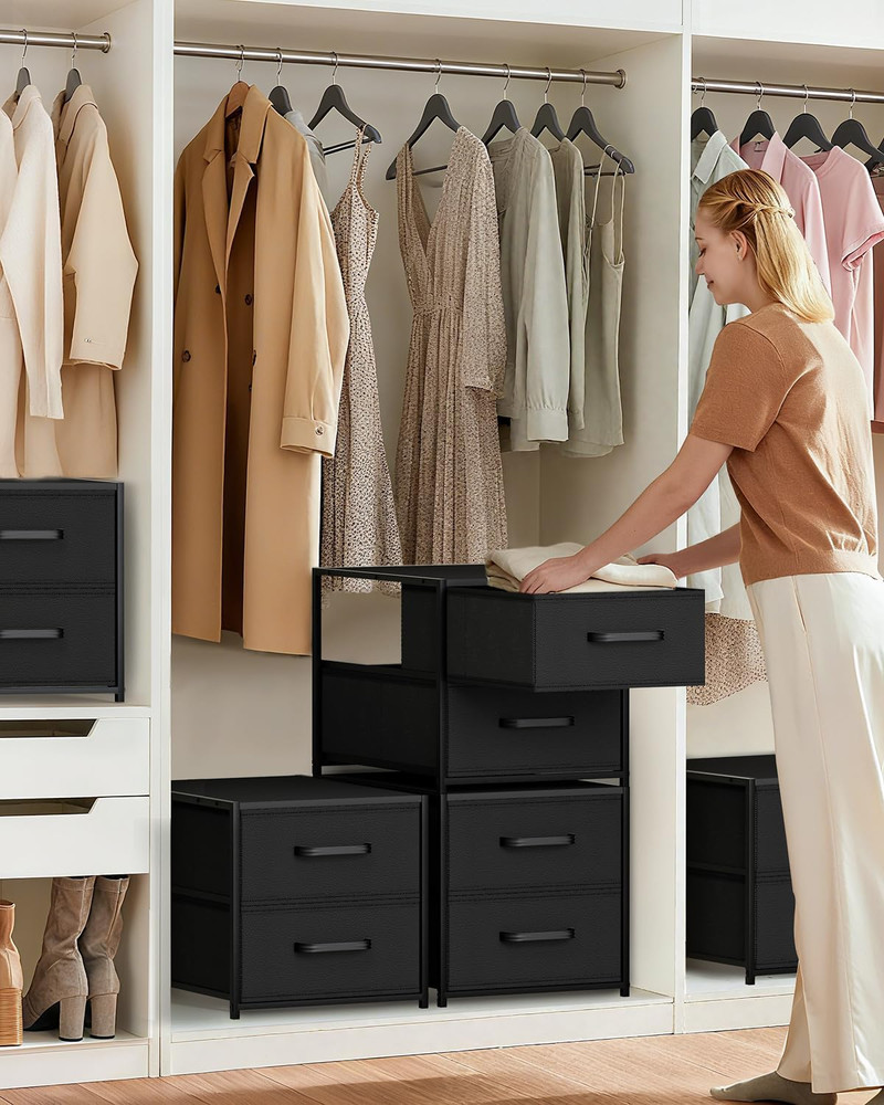 Stackable Storage Drawers - 2 Pack Closet Organizer with Metal Handles, Black