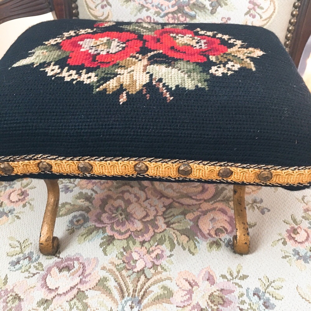 Antique Needlepoint Rectangular Foot Stool w/ Metal Feet