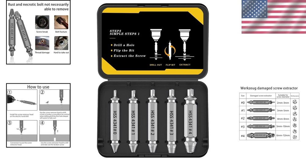 Professional Screw Extractor Set, 5-Piece HSS Drill Bit Kit