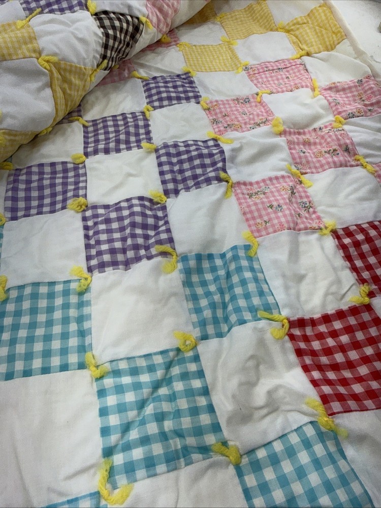 Patchwork Quilt Blanket Homemade 75” X 76" Square Scrap Block READ