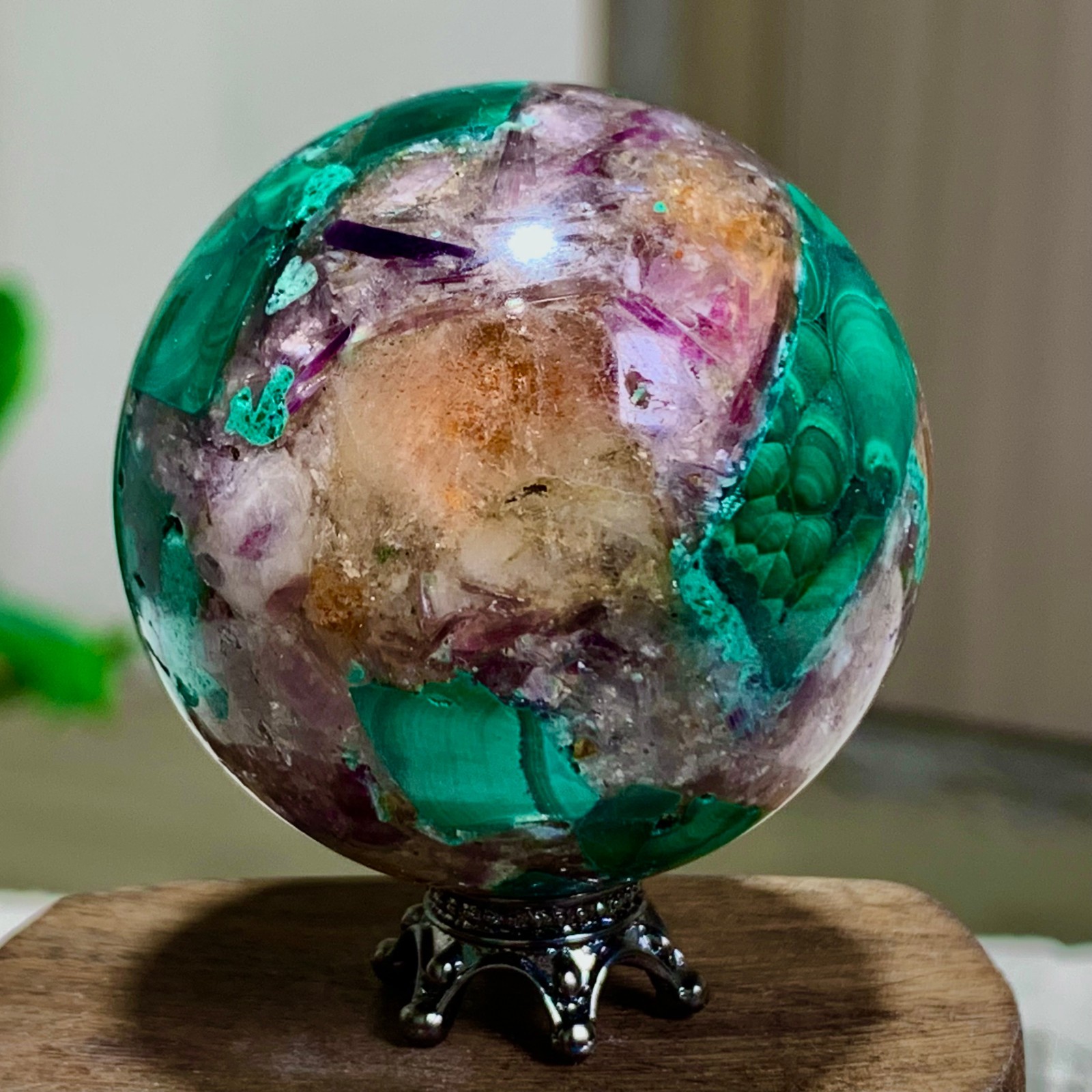 102G Newly discovered rare malachite purple mica symbiotic sphere restoration