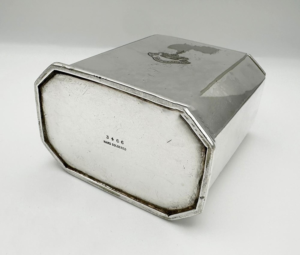 VICTORIAN CRESTED SLIDING TOP TEA CADDY SILVER PLATE 19TH CENTURY