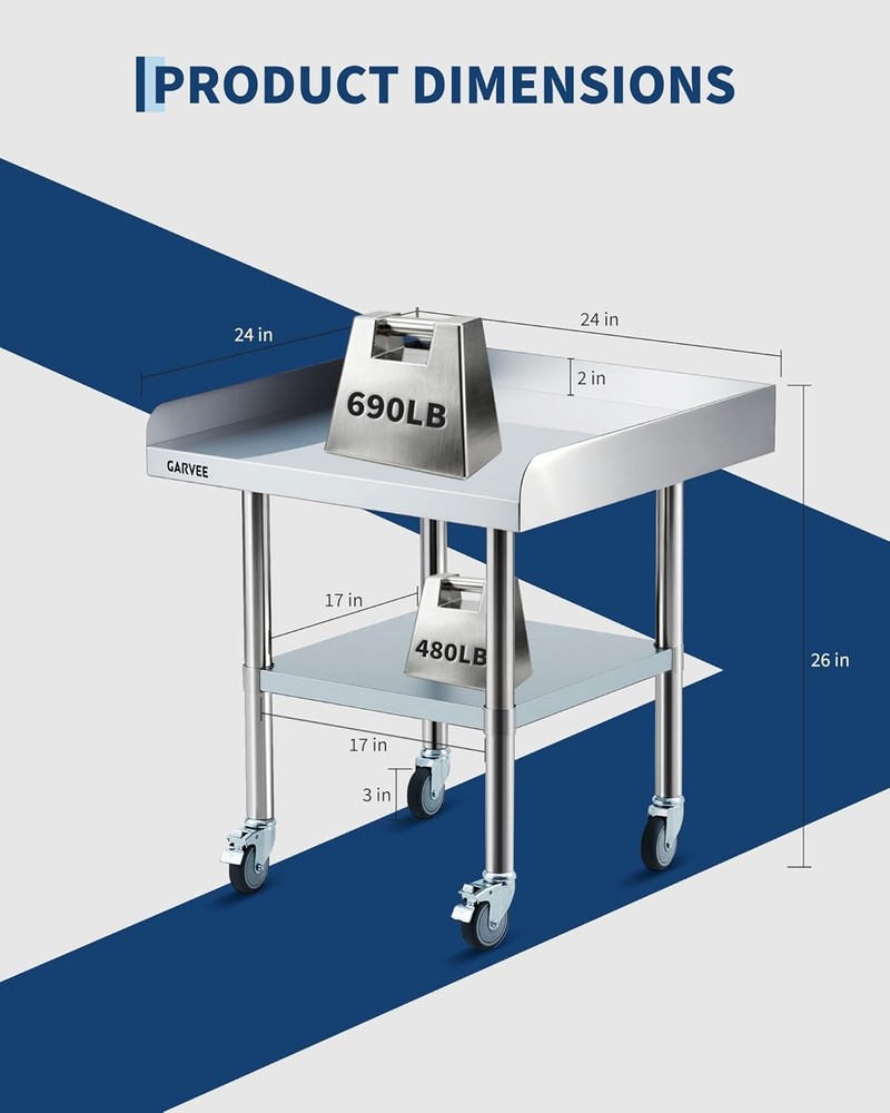 Stainless Steel Work Table with Wheels Food Prep Table w/3Sided Fixed Backsplash