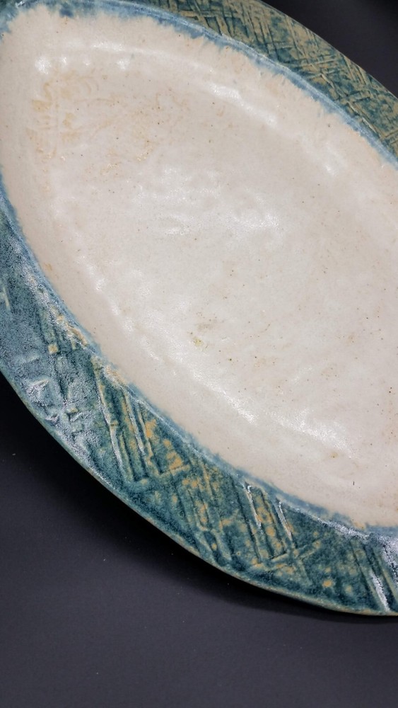 Handmade Studio Pottery Textured Blue Leaf Shaped Serving Plate Platter Tray EUC