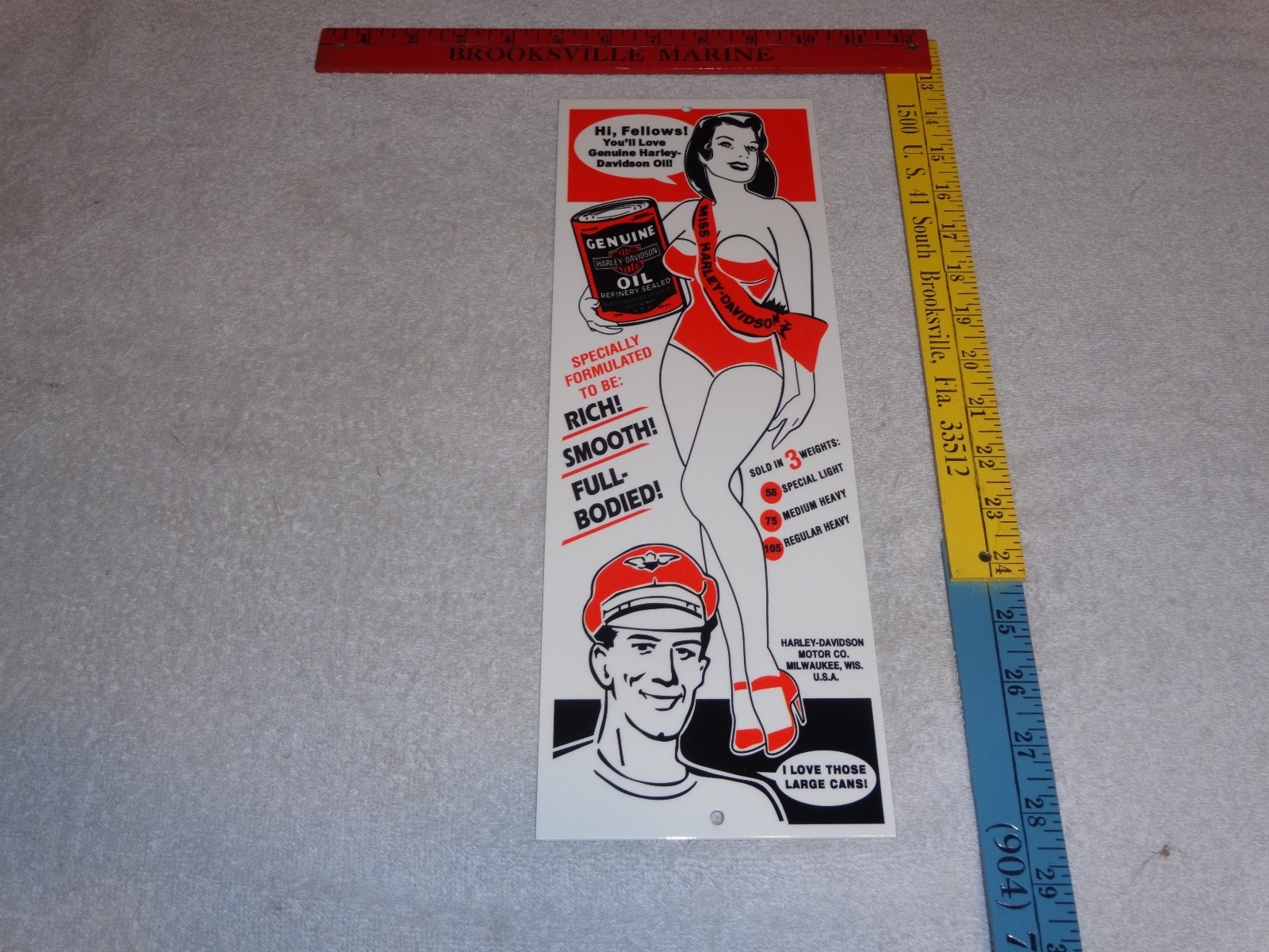 VINTAGE HARLEY DAVIDSON MOTORCYCLES WOMAN W/ LG OIL CANS 15" METAL GASOLINE SIGN