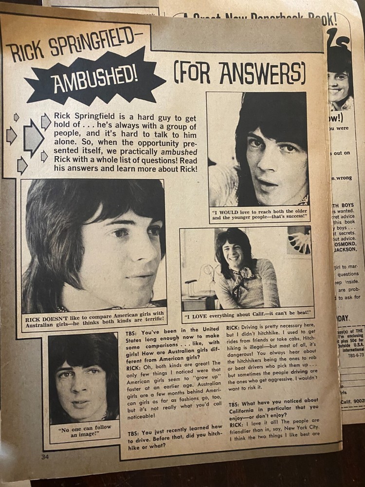 Rick Springfield, Two Page Vintage Clipping, aa
