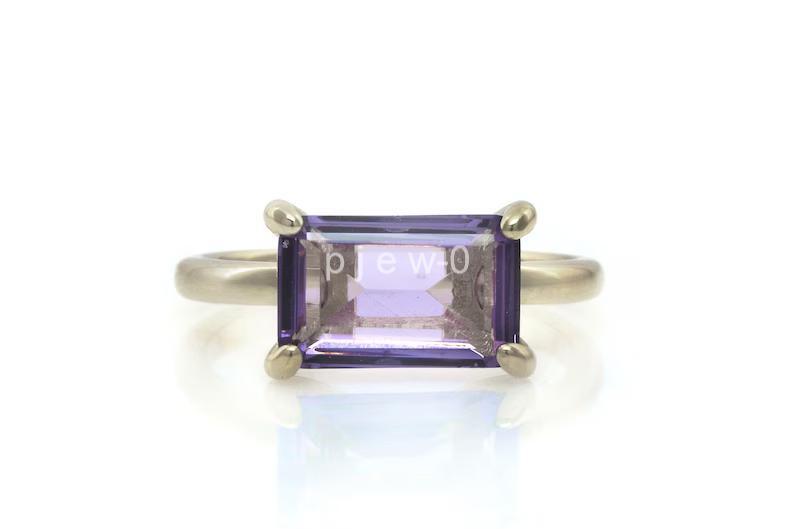 Purple Amethyst ring, Emerald Cut Silver Ring, Gemstone Ring Stackable Ring V5