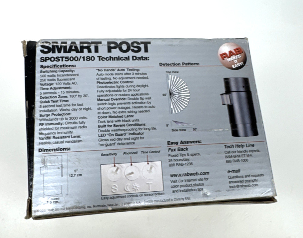 RAB Smart Post SPOST500/180 Motion Sensor Control for Post Lantern Black Finish