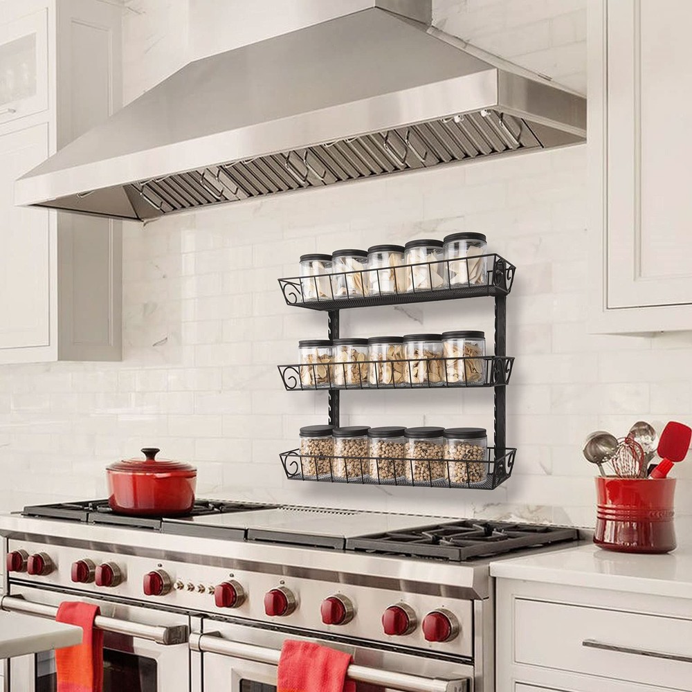 3 Tier Wall Mount Spice Rack Organizer Adjustable Dual-Use Kitchen Black