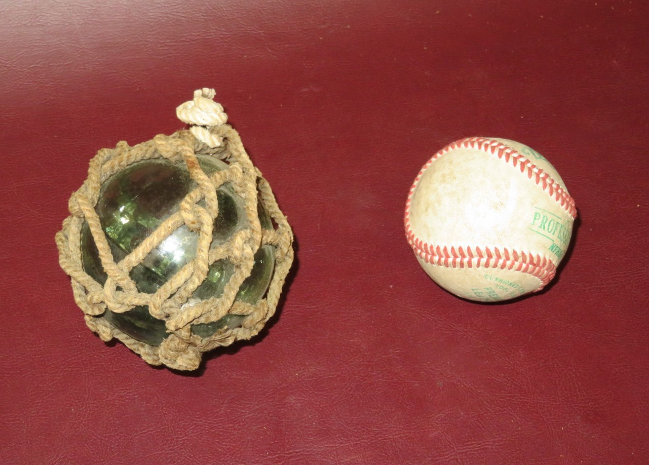 Antique 3" Japanese Rope-Wrapped Blue Hand-Blown Glass II Mark Fishing Net Float