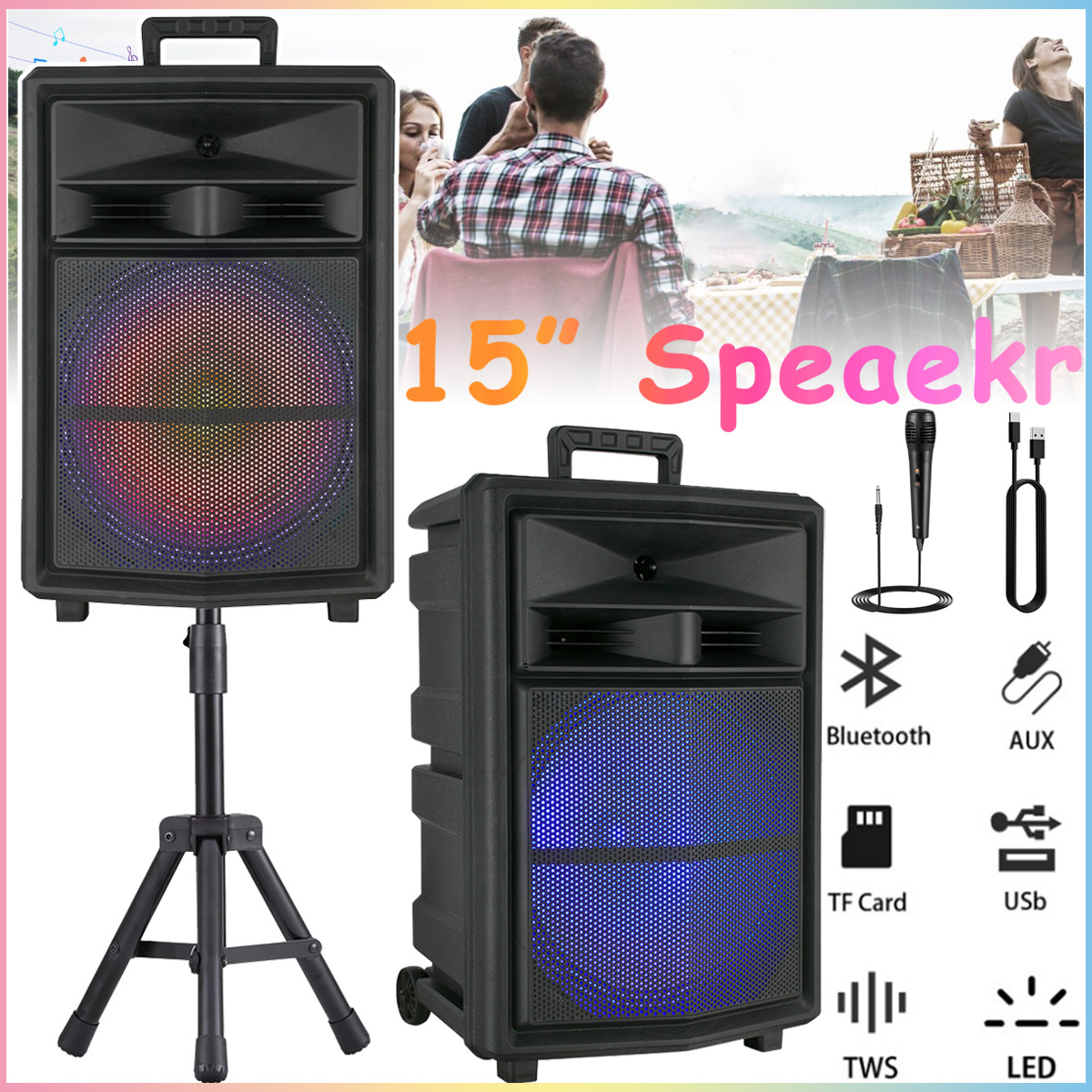15" 10000W Bluetooth Party Speaker with Heavy Bass LED Lights Wireless Mic Stand
