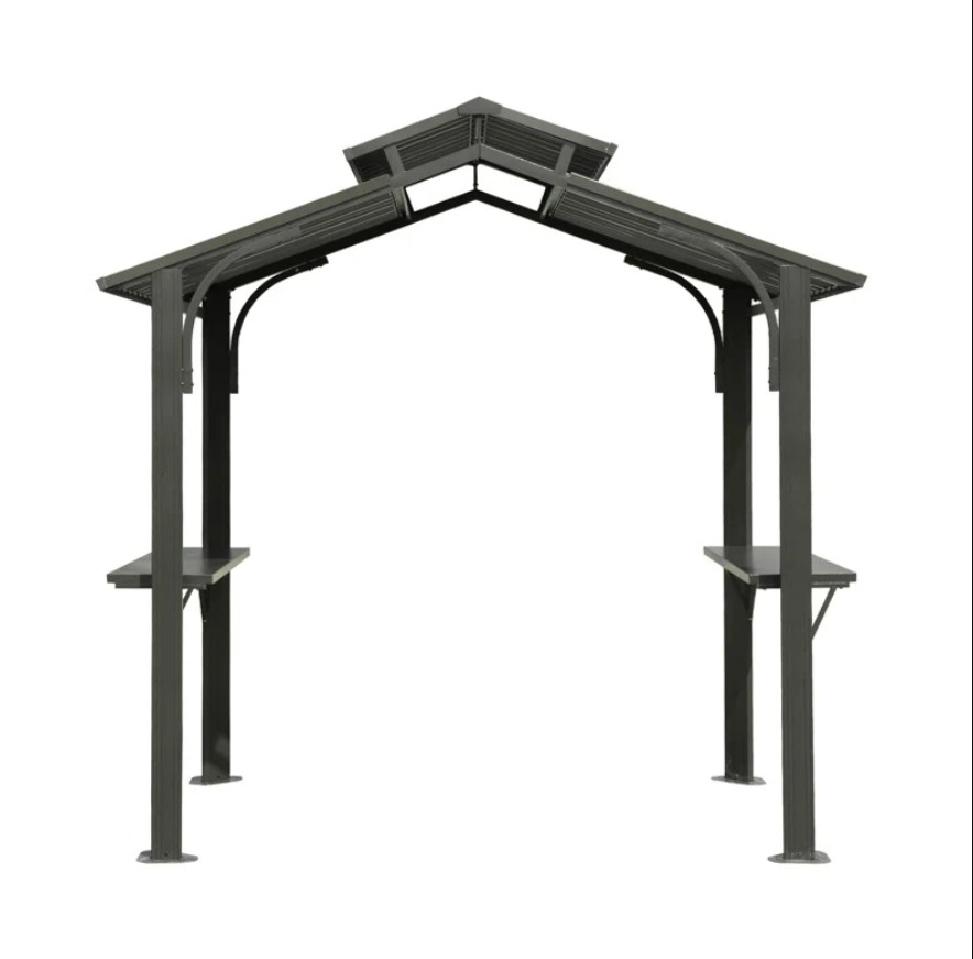 Domi Hardtop Double Roof Grill Gazebo 8x5FT w/Galvanized Steel,Side Shelves,Grey