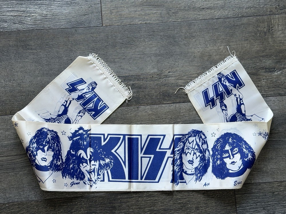 KISS Scarf Banner Europe 1980 White Blue 40" Vintage Kiss Aucoin Memorabilia