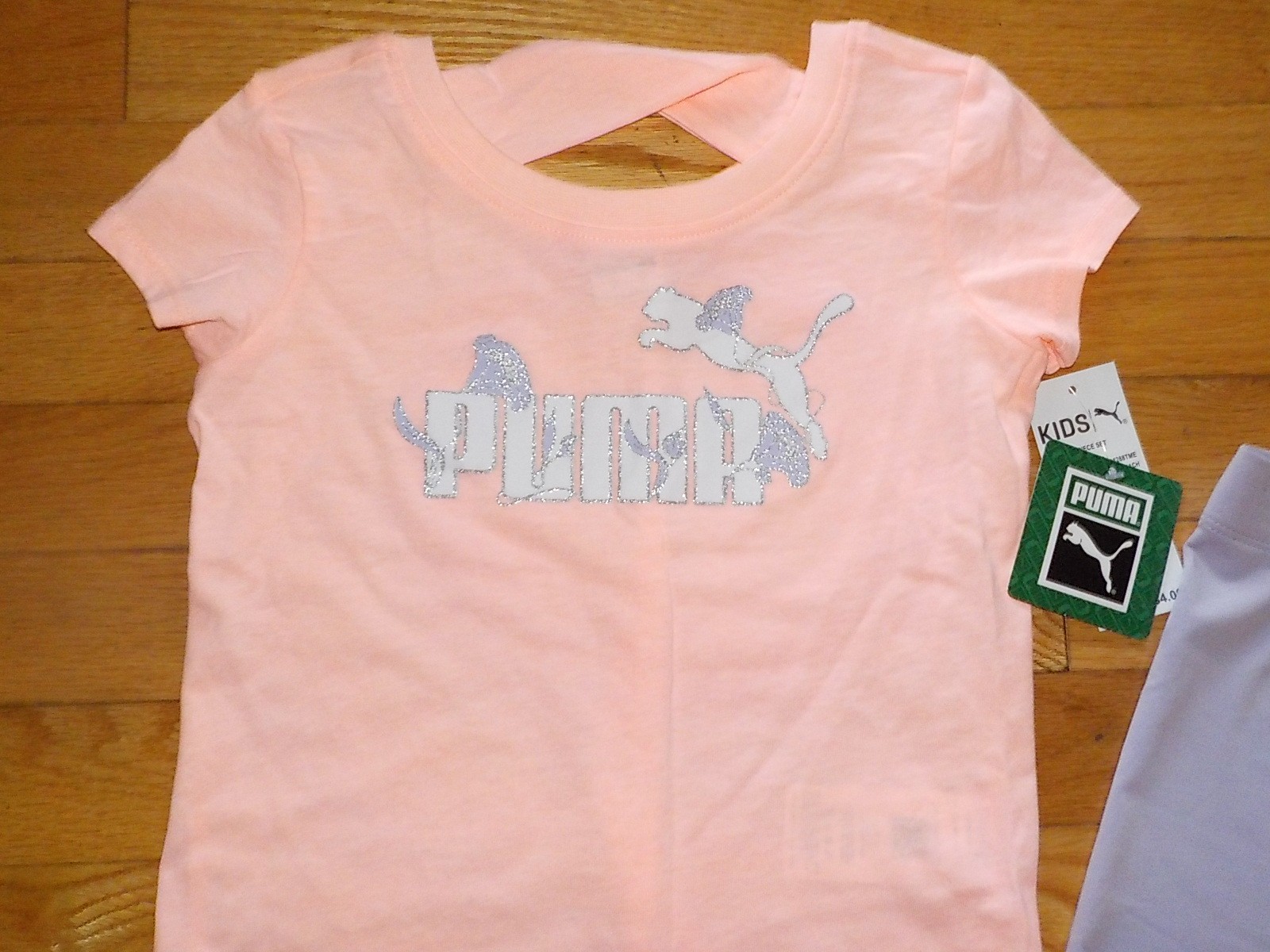 Puma Girls Shorts Shirt Set Purple Biker Shorts Peach Top Sparkle Logo 5 NWT
