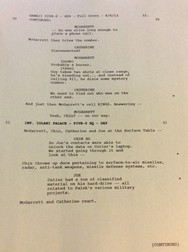 HAWAII FIVE-O ORIGINAL SCRIPT 404 SCHEDULE TECH 2013 KUPU' EU DANIEL DAE KIM