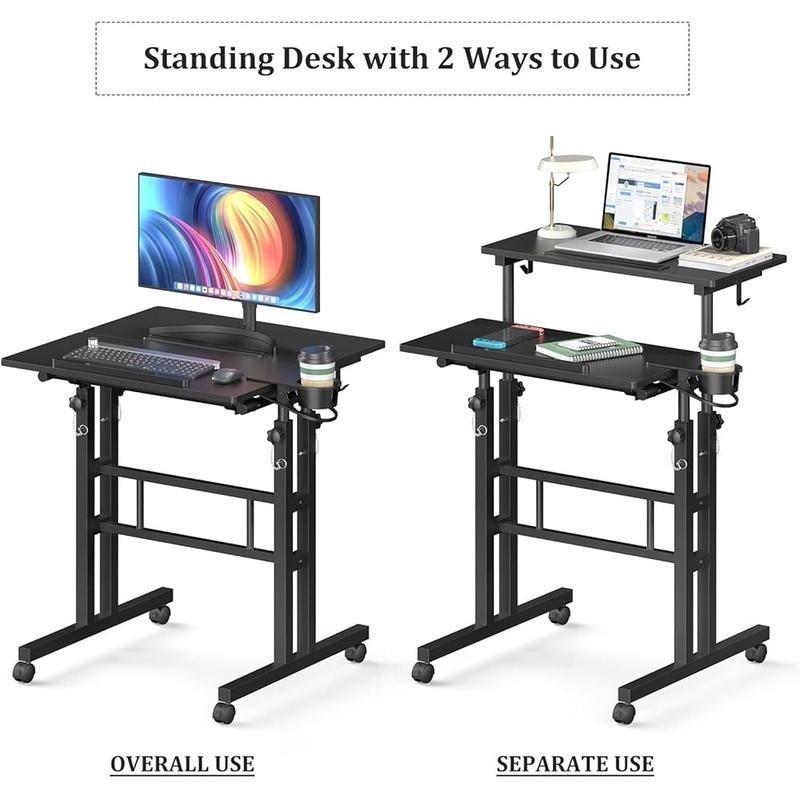Small Standing Computer Desk W/ Wheels Mobile Stand Up Desk Portable Adjustable