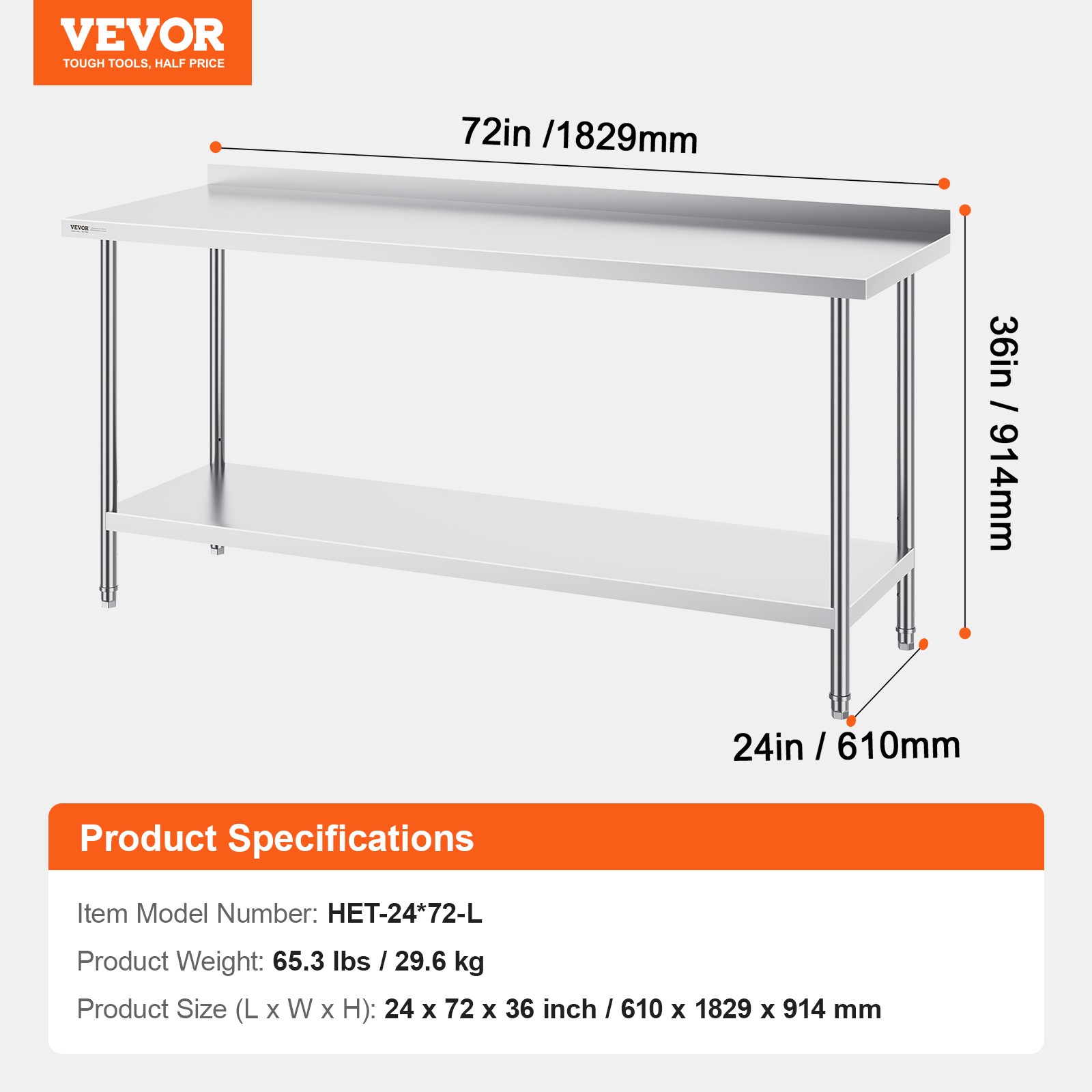 VEVOR Stainless Steel Work Table Commercial Kitchen Work Food Prep Table 24"x72"