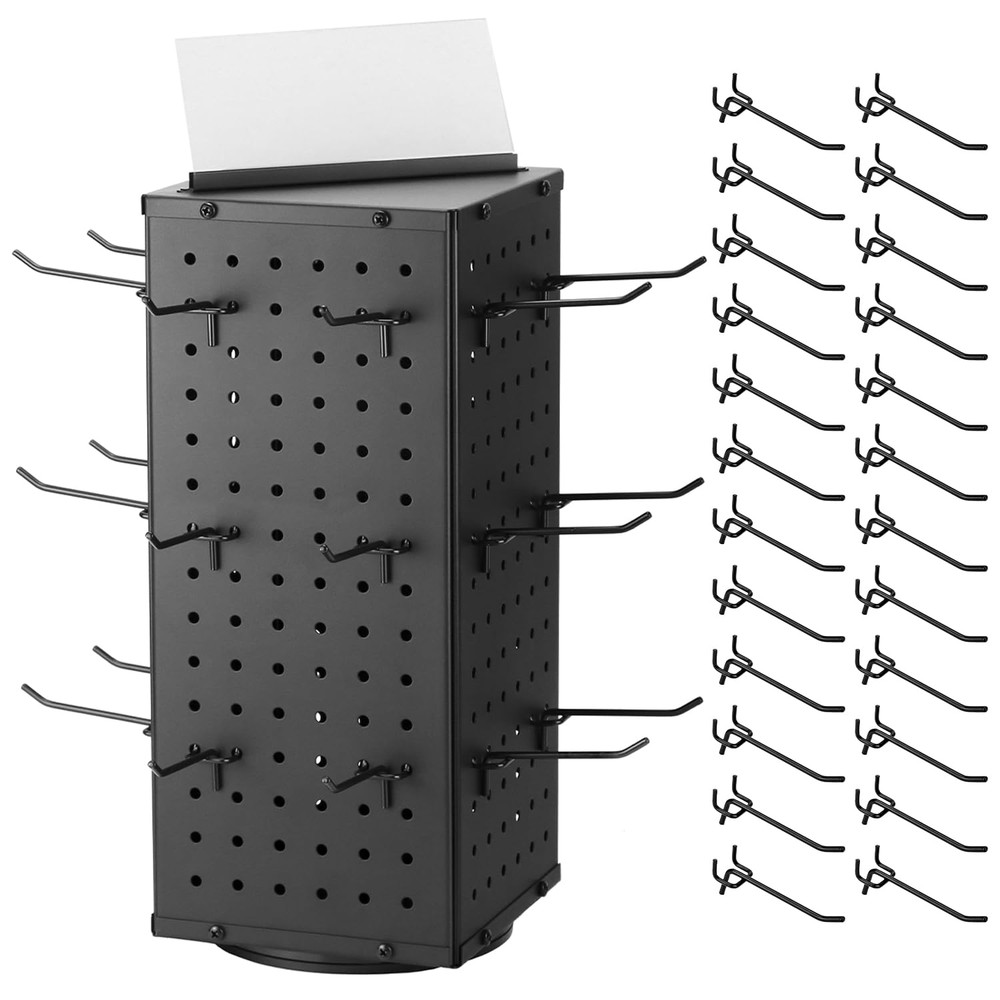 Rotating Pegboard Display Stand with 24 Hooks - 4-Sided Metal Spinning Peg Board