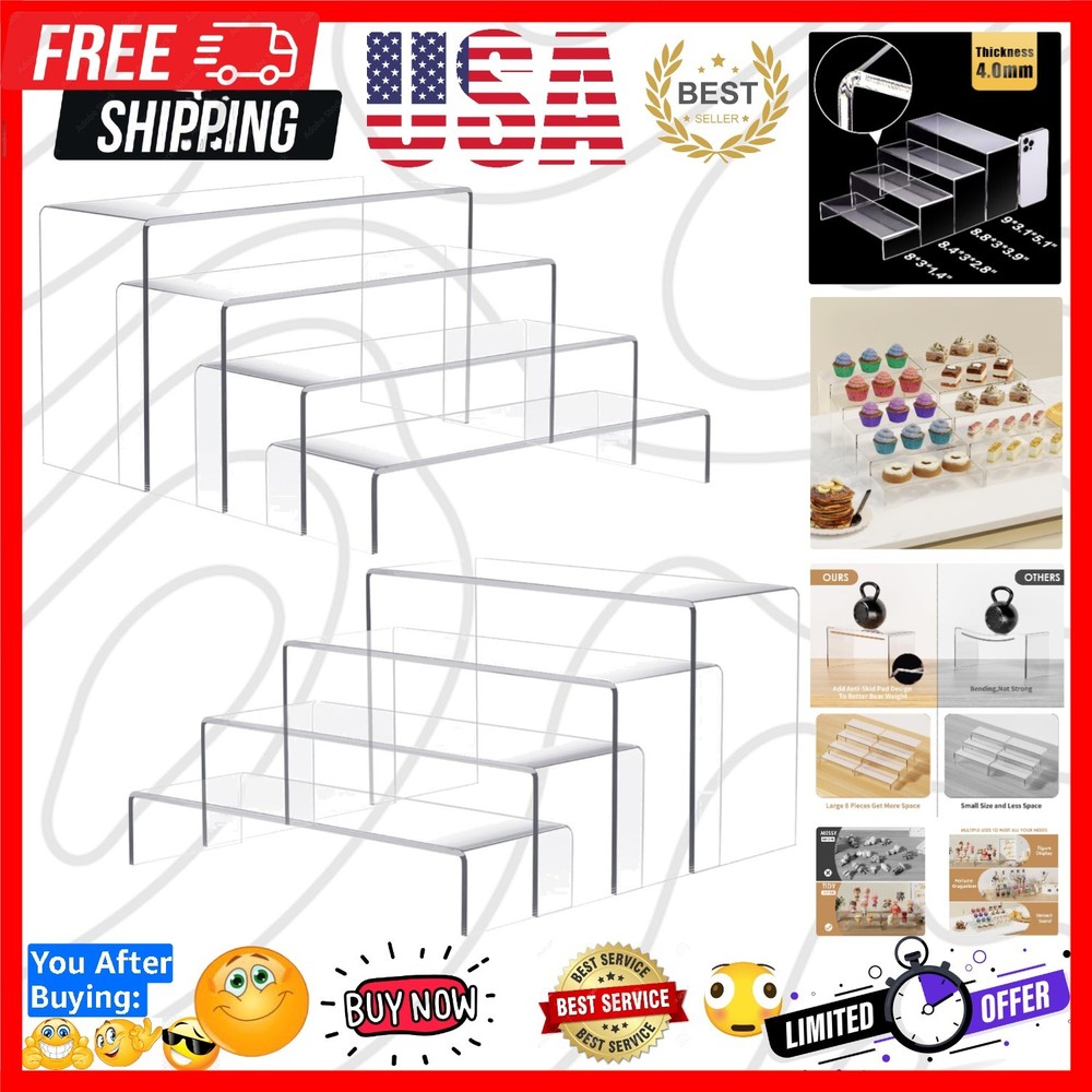 Large Acrylic Risers, 8 Pcs 2 Set 7”L~8”L~9”L Rectangular Stands Shelf Clear ...