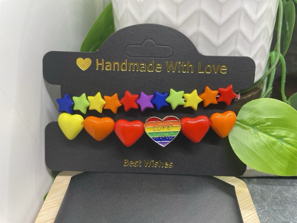 2 PC Handmade Rainbow Beaded Stackable 7” Plus Stretch Bracelet Set New B4859