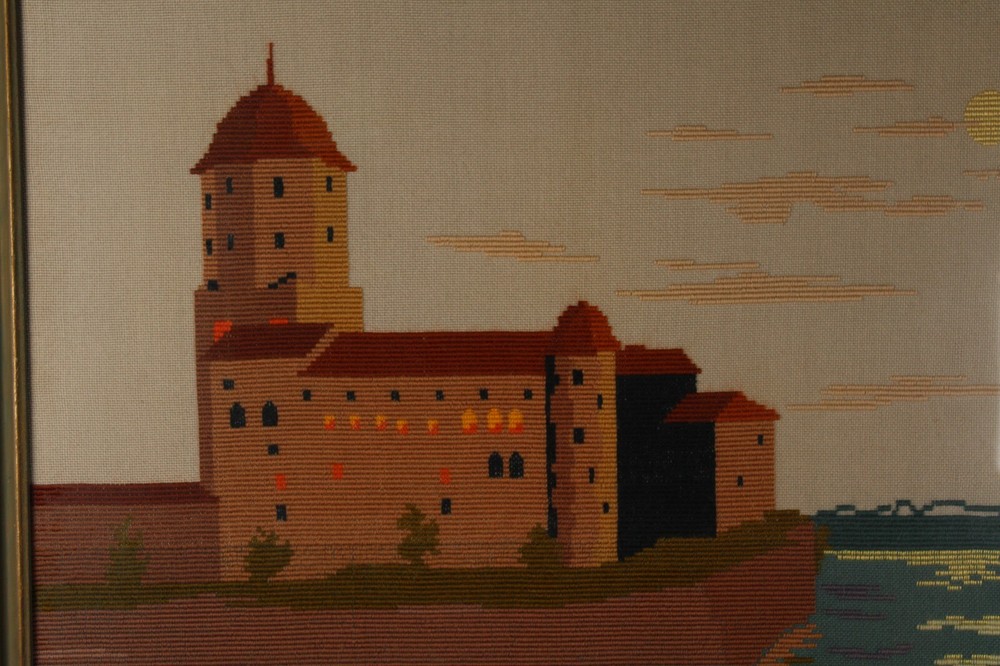 Needlepoint Mid Century Modern Boho Seaside Castle Framed Realism Needlepoint